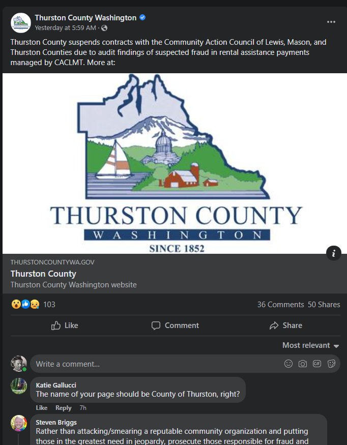 A 4:40 p.m., Feb. 25 screenshot of the Thurston County Facebook post on its announcement of the housing assistance partnership suspension.